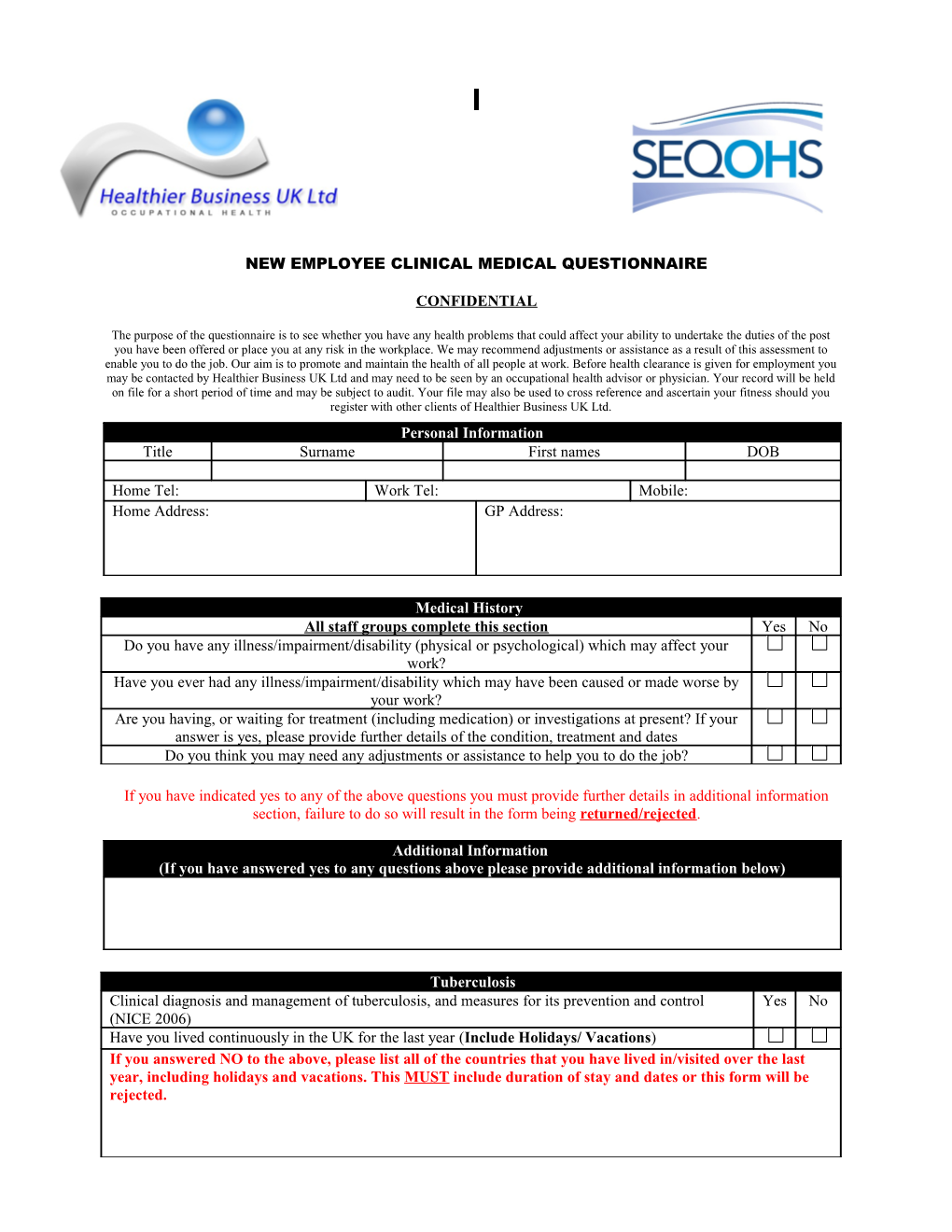 New Employee Clinical Medical Questionnaire