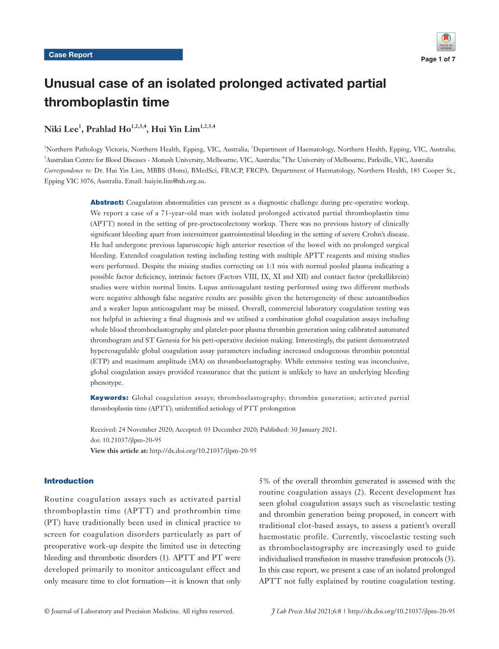 Unusual Case of an Isolated Prolonged Activated Partial Thromboplastin Time