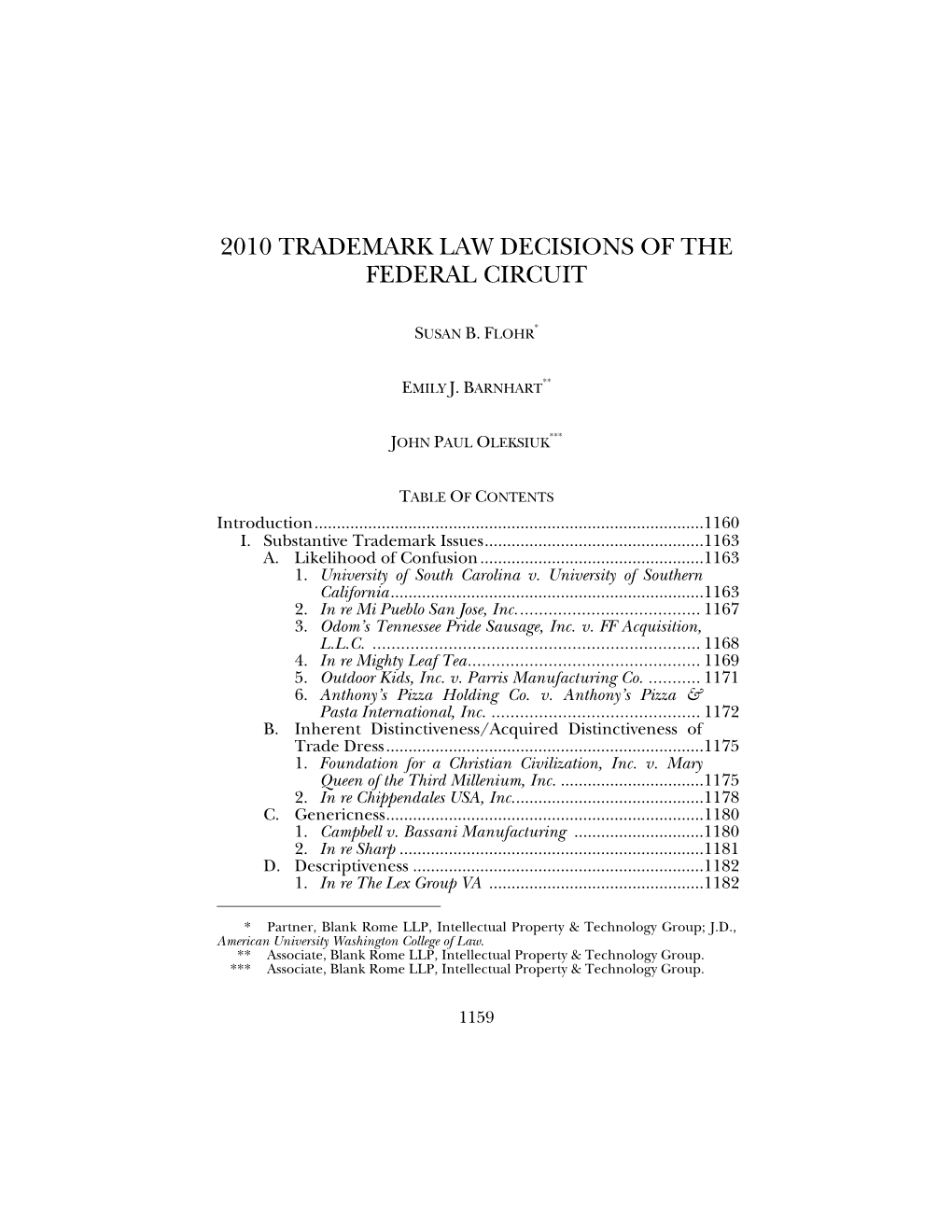 2010 Trademark Law Decisions of the Federal Circuit