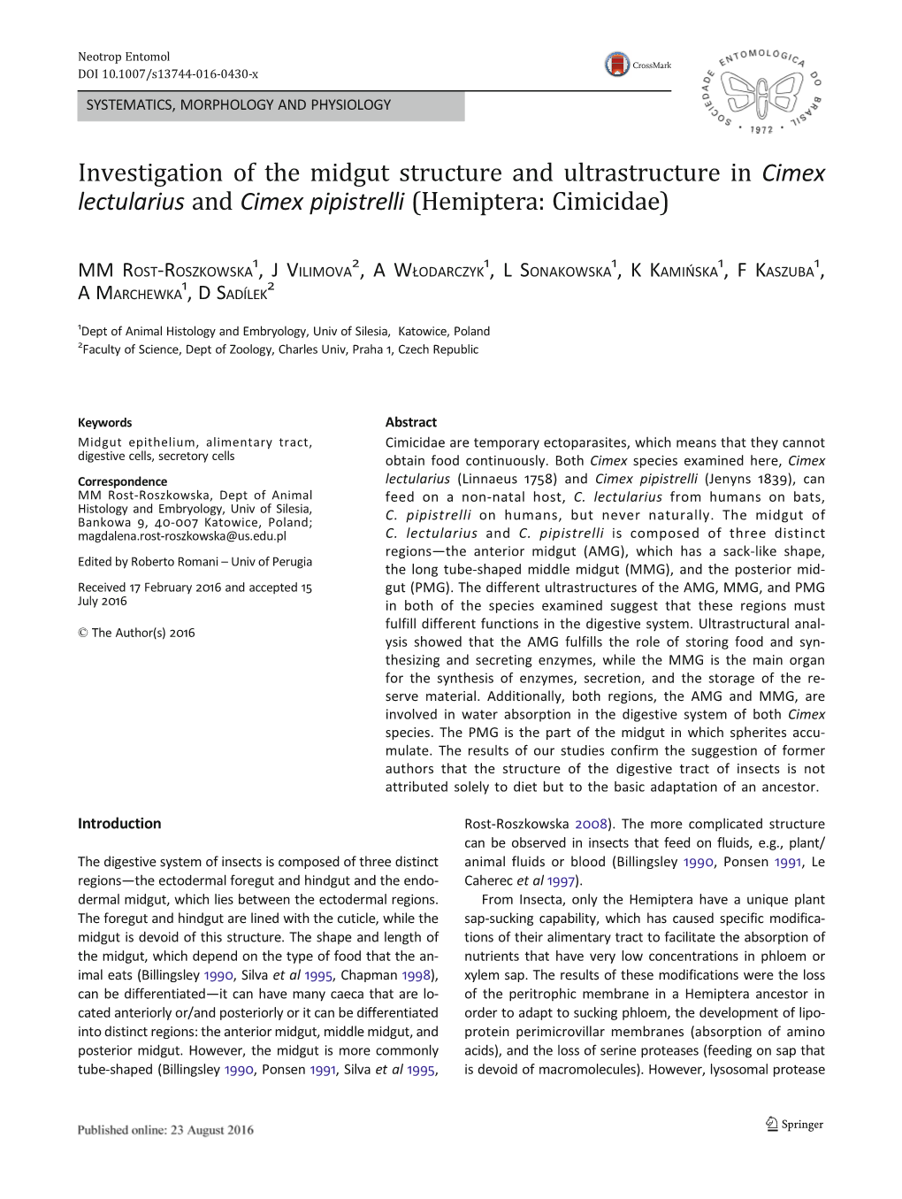 Investigation of the Midgut Structure and Ultrastructure in Cimex Lectularius and Cimex Pipistrelli (Hemiptera: Cimicidae)