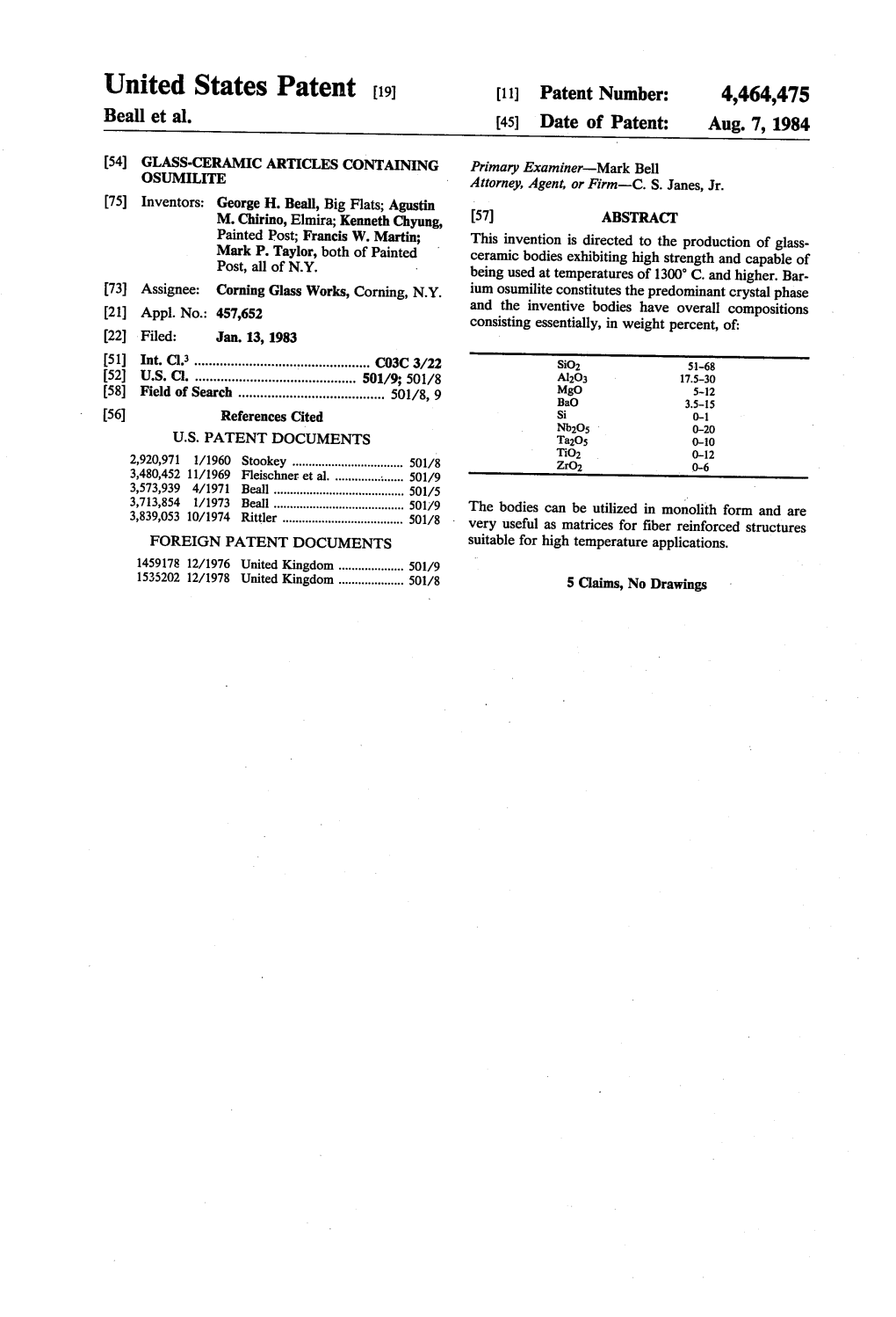 United States Patent (19) 11 Patent Number: 4,464,475 Beall Et Al