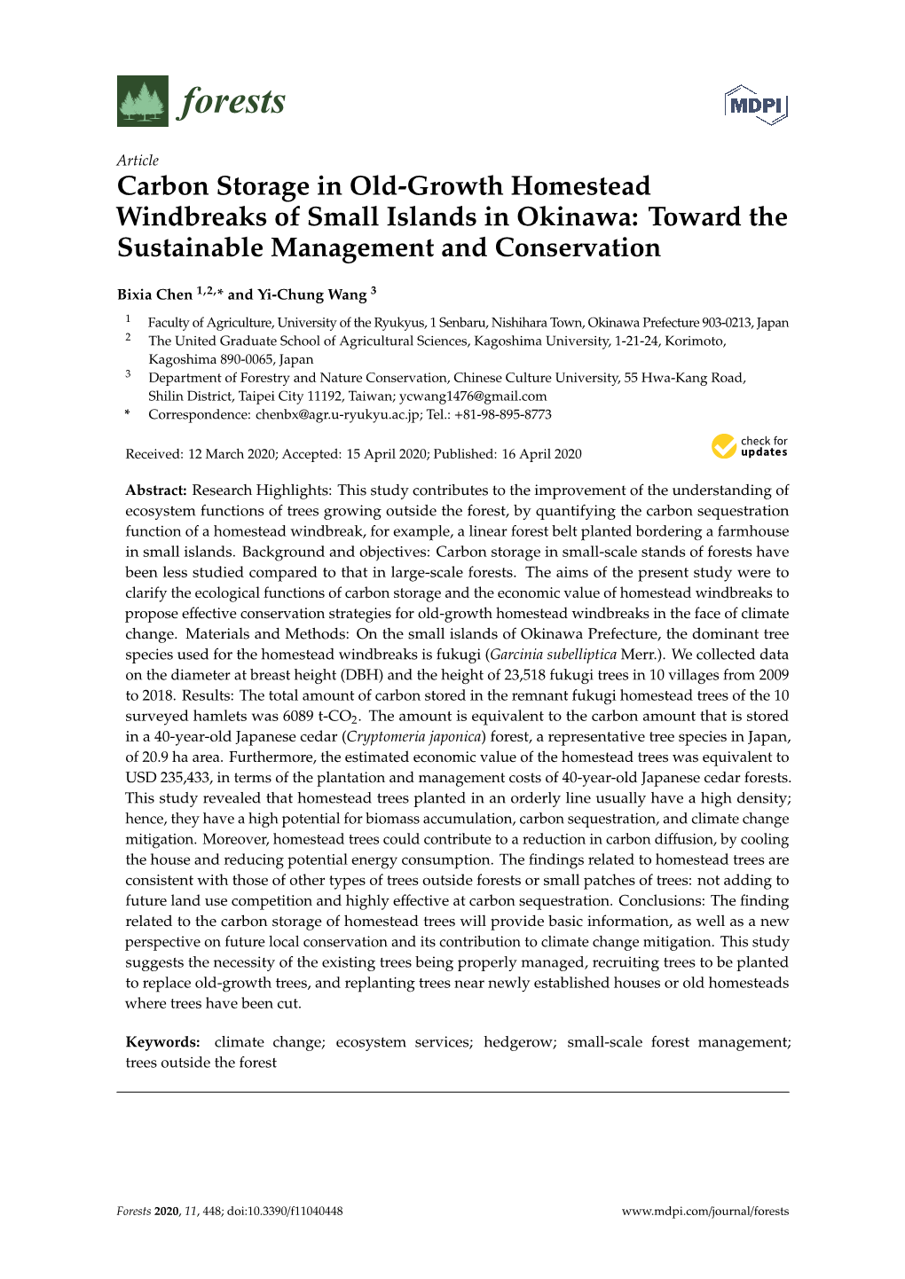 Carbon Storage in Old-Growth Homestead Windbreaks of Small Islands in Okinawa: Toward the Sustainable Management and Conservation
