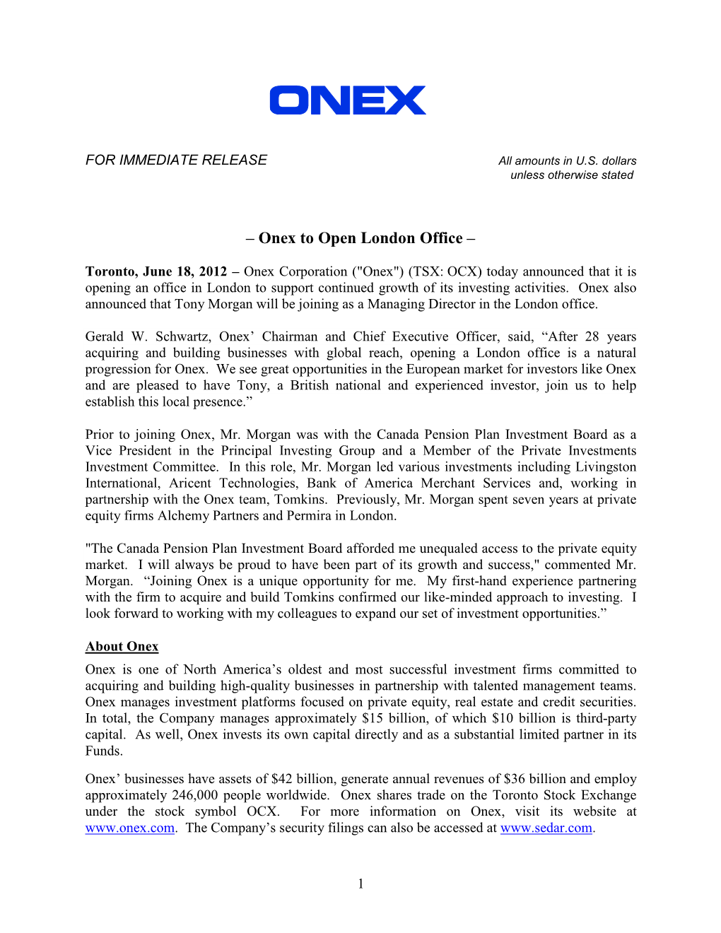 – Onex to Open London Office –