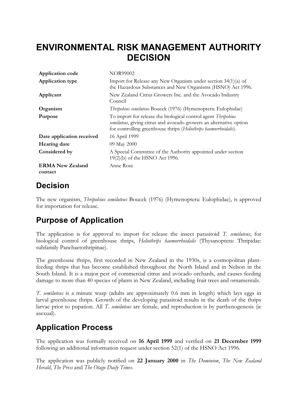 Environmental Risk Management Authority Decision