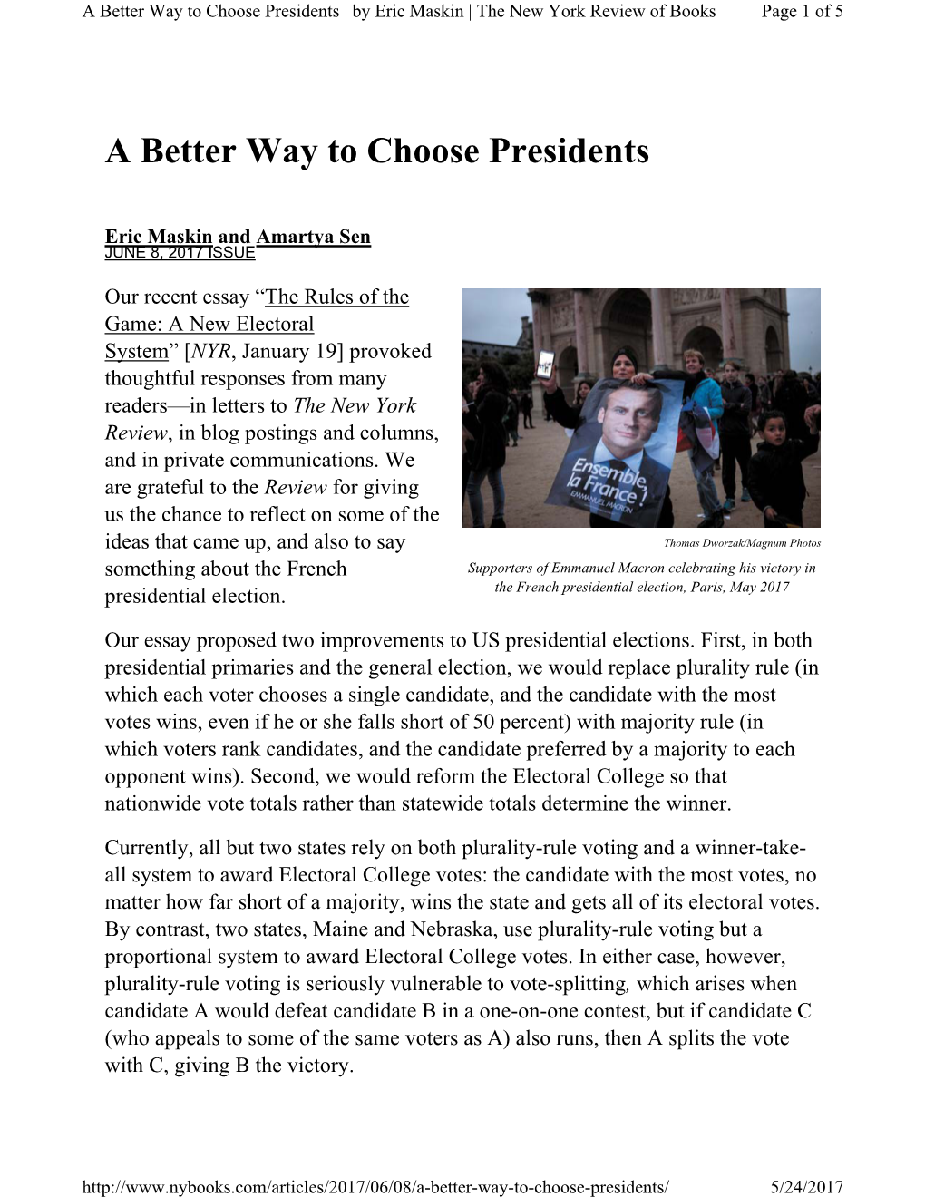 A Better Way to Choose Presidents | by Eric Maskin | the New York Review of Books Page 1 of 5