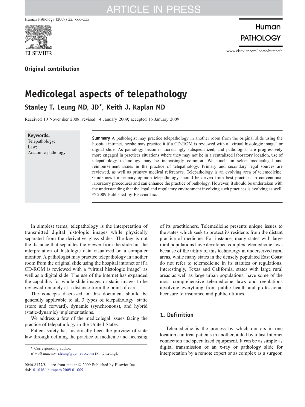 Medicolegal Aspects of Telepathology Stanley T