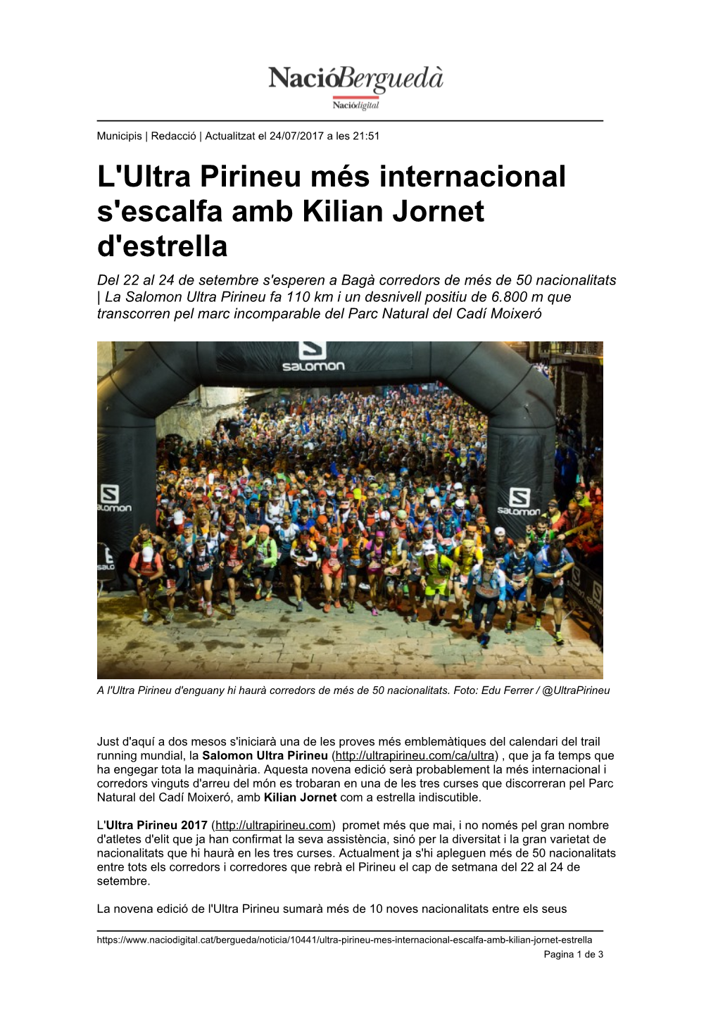 L'ultra Pirineu Més Internacional S'escalfa Amb Kilian Jornet D'estrella