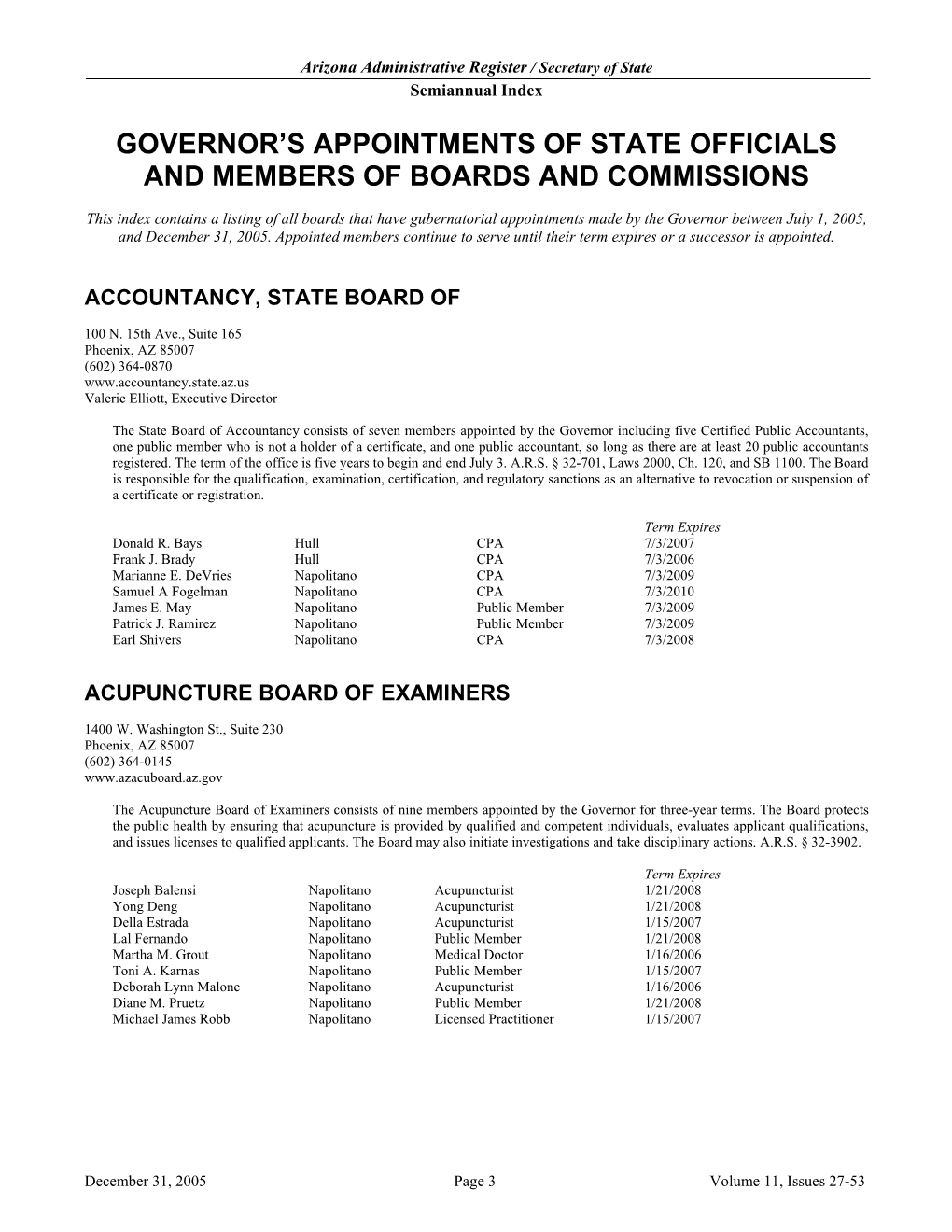 Governor's Appointments of State Officials and Members of Boards