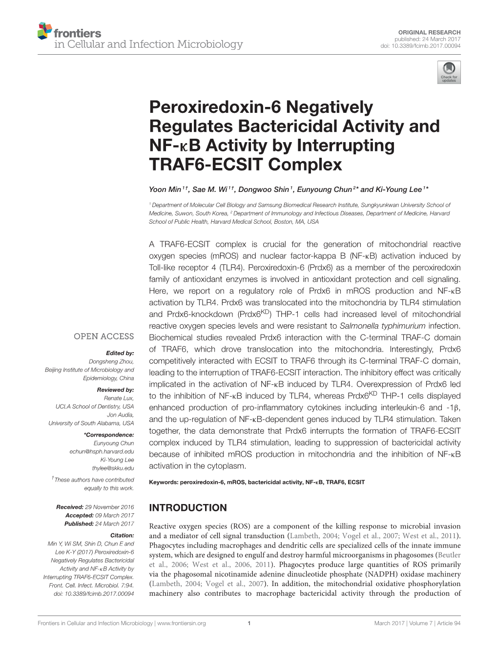 Peroxiredoxin-6 Negatively Regulates Bactericidal Activity and NF-Κb Activity by Interrupting TRAF6-ECSIT Complex