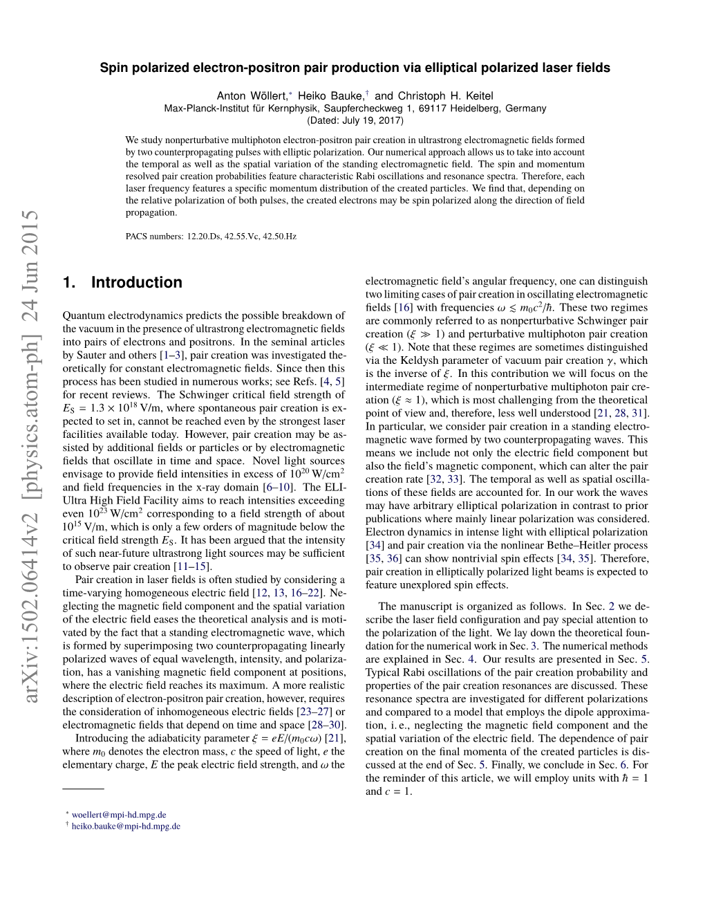 Spin Polarized Electron-Positron Pair Production Via Elliptical Polarized Laser ﬁelds