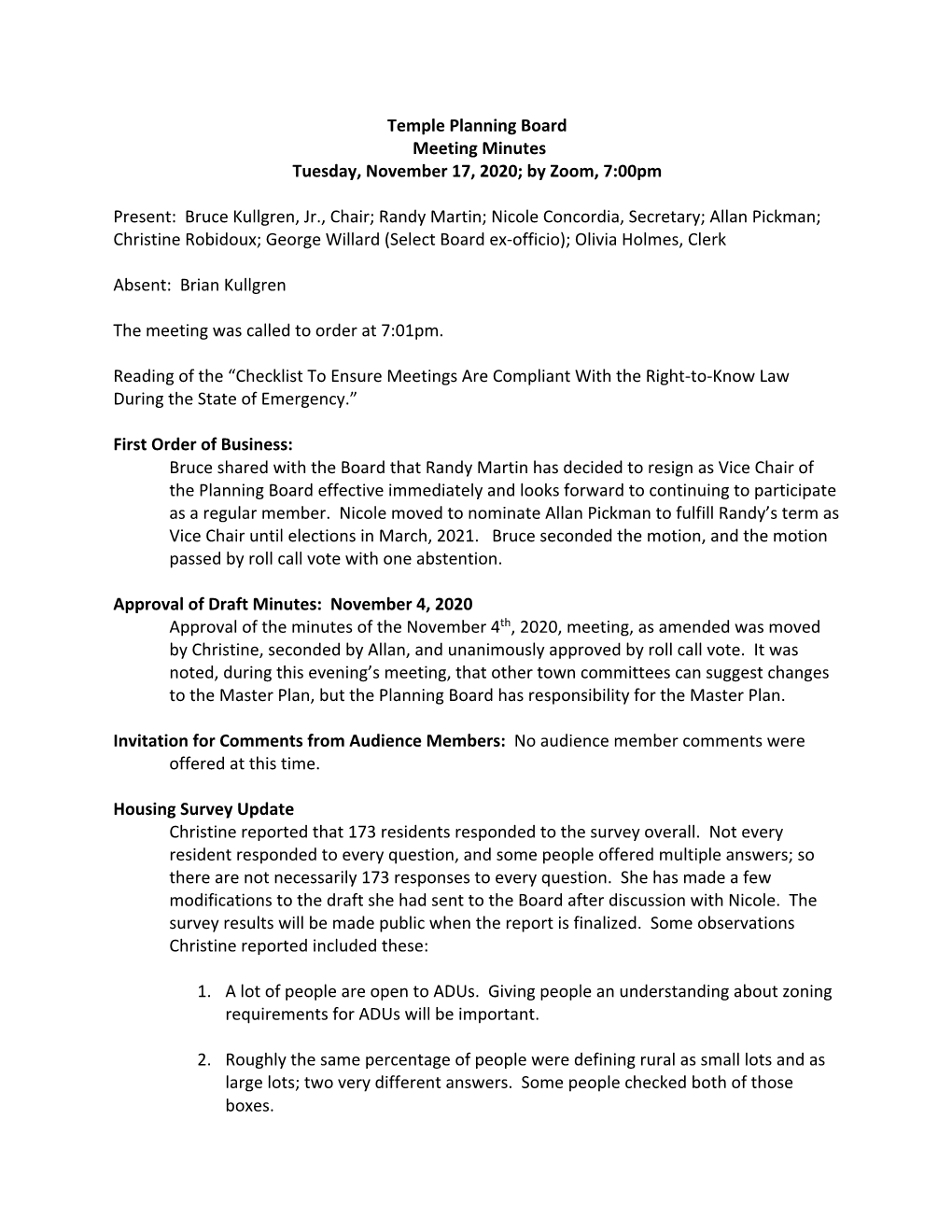 Temple Planning Board Meeting Minutes Tuesday, November 17, 2020; by Zoom, 7:00Pm