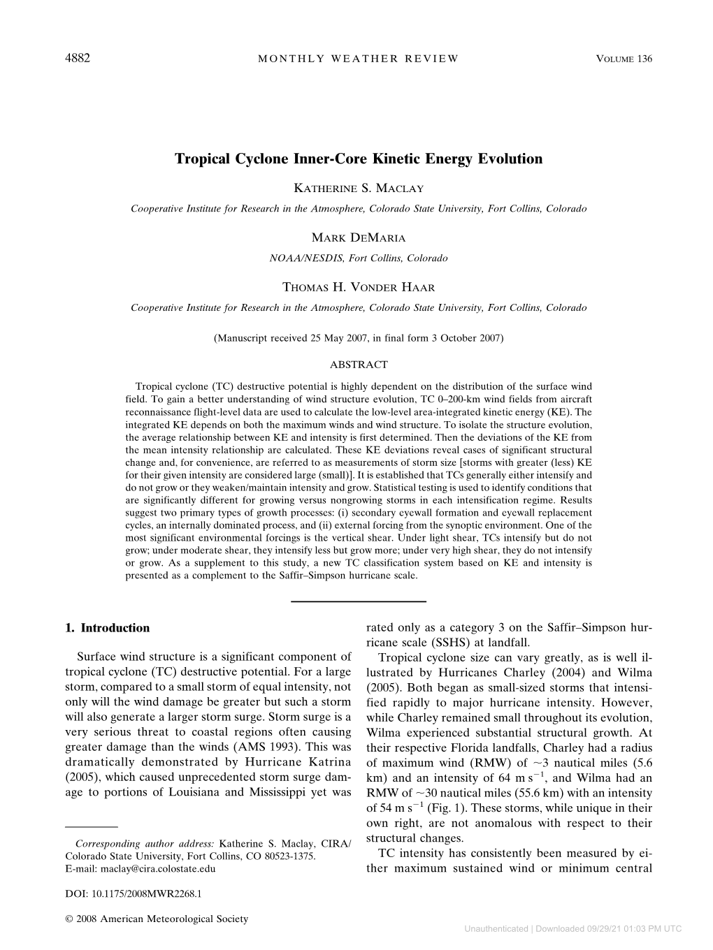 Tropical Cyclone Inner-Core Kinetic Energy Evolution