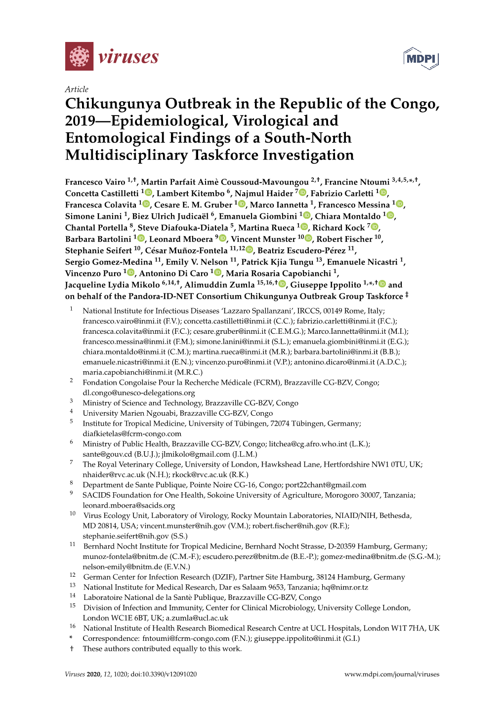 Chikungunya Outbreak in the Republic of the Congo, 2019—Epidemiological, Virological and Entomological Findings of a South-North Multidisciplinary Taskforce Investigation