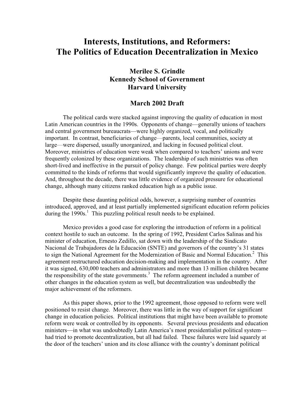 The Politics of Education Decentralization in Mexico