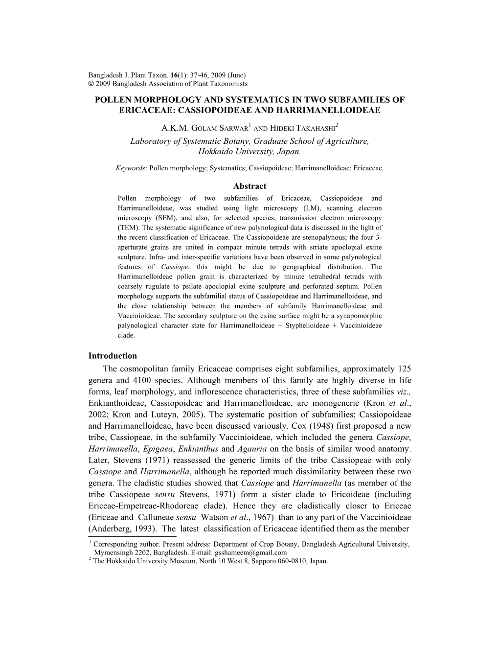 Pollen Morphology and Systematics in Two Subfamilies of Ericaceae: Cassiopoideae and Harrimanelloideae