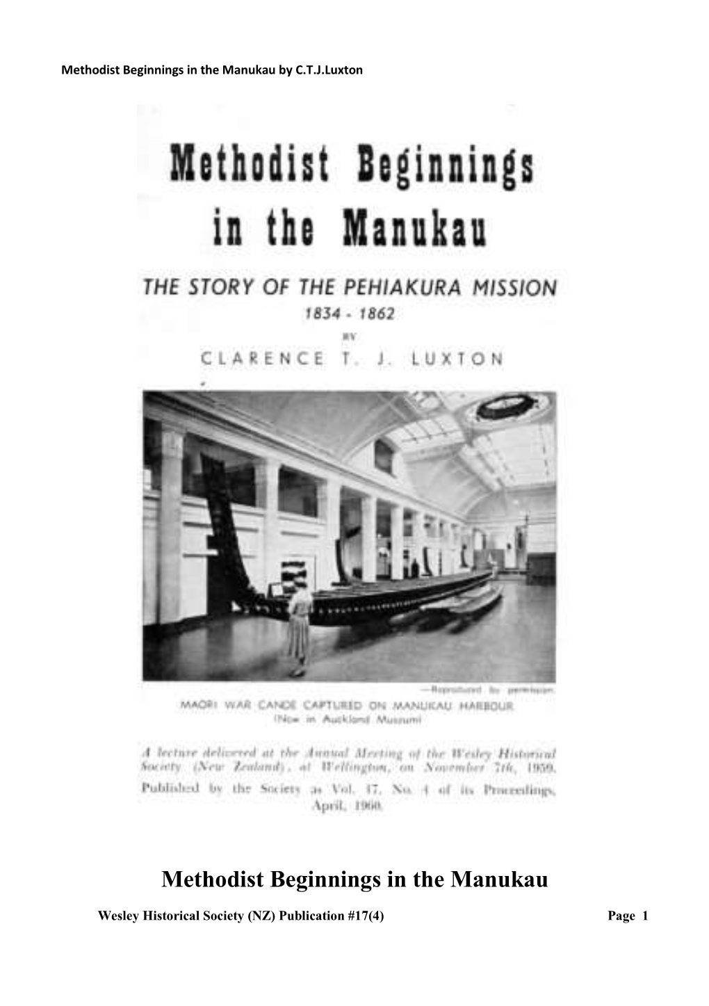 Methodist Beginnings in the Manukau by C.T.J.Luxton