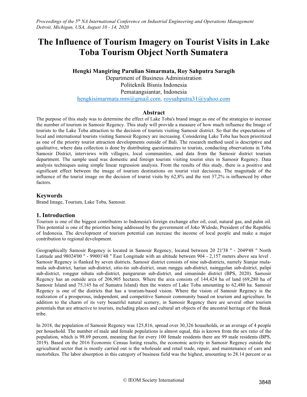 ID 751 the Influence of Tourism Imagery on Tourist Visits in Lake