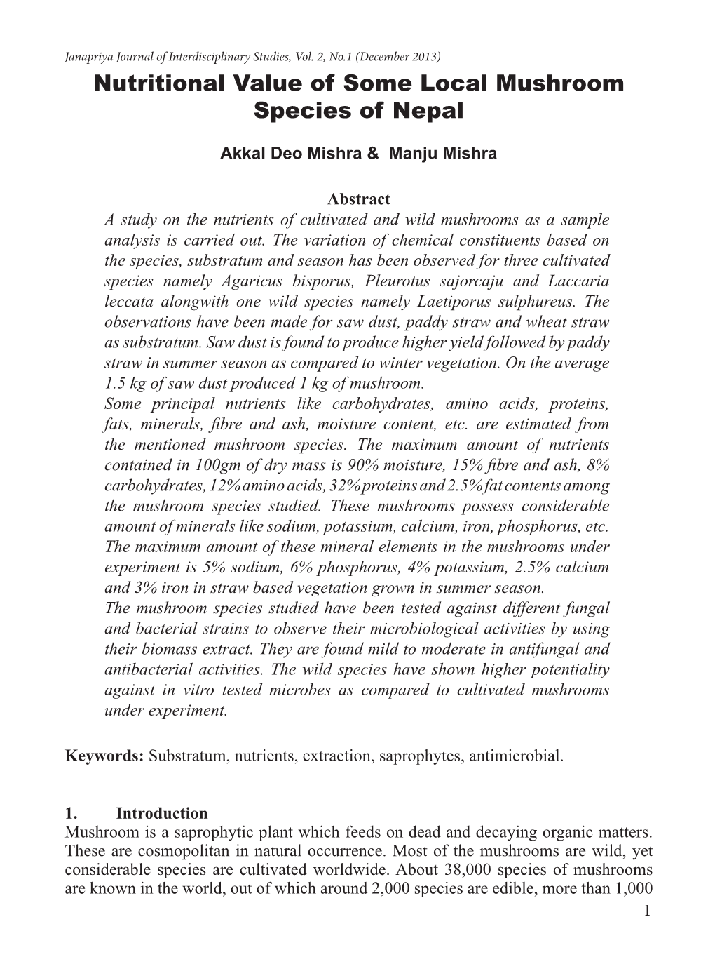 Nutritional Value of Some Local Mushroom Species of Nepal