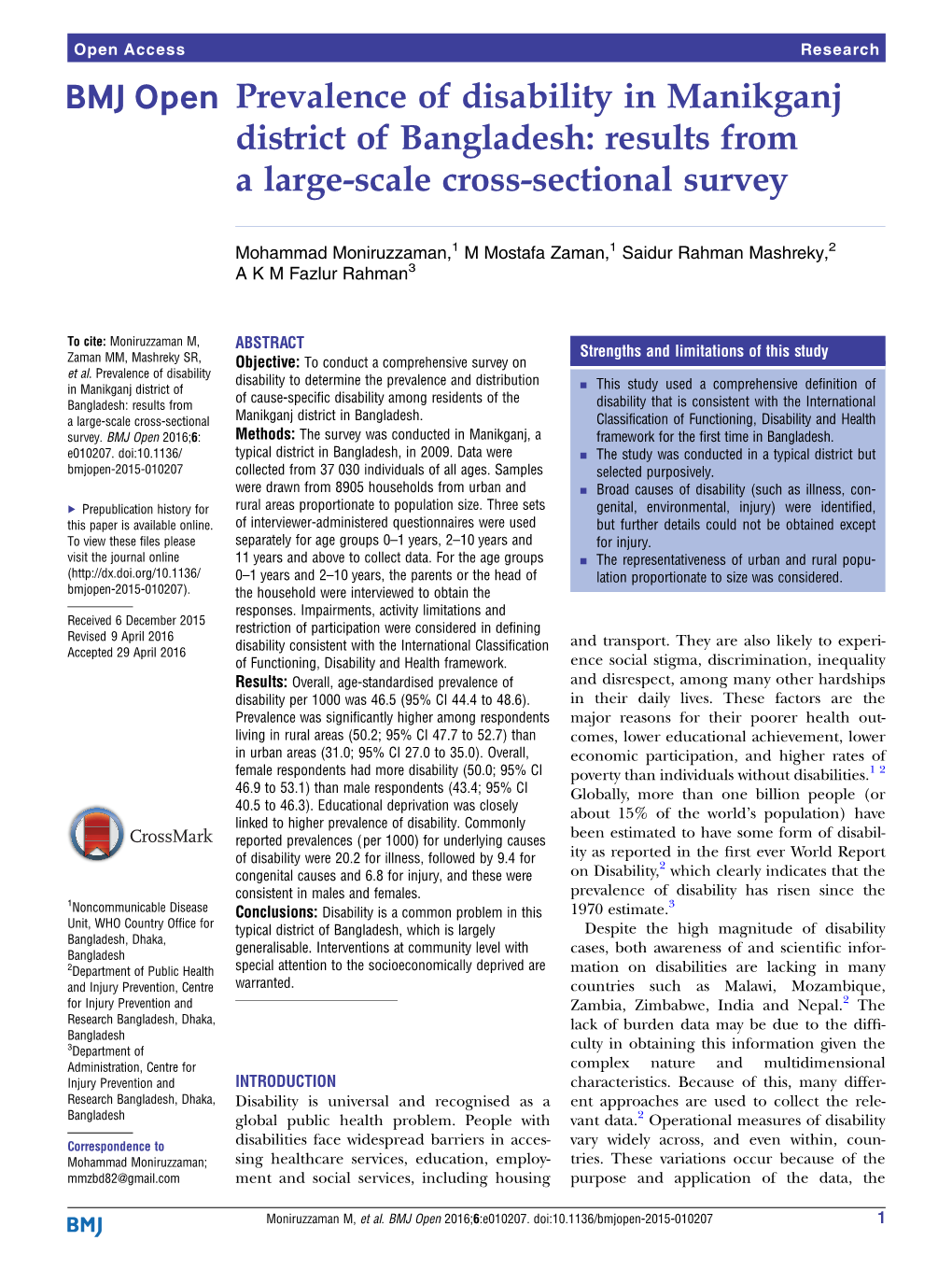 Prevalence of Disability in Manikganj District of Bangladesh: Results from a Large-Scale Cross-Sectional Survey