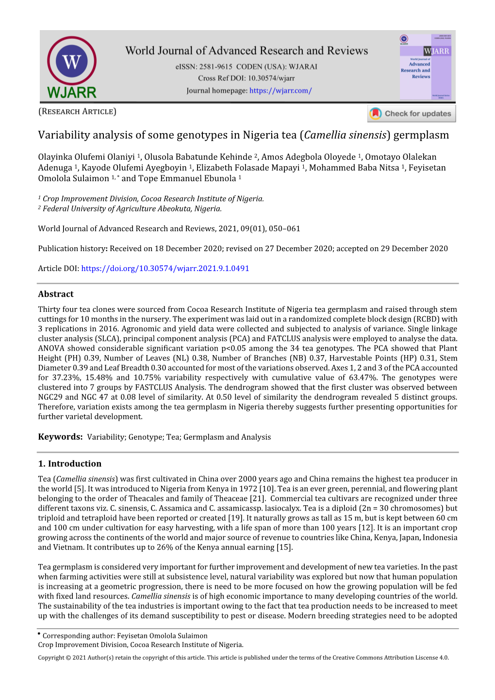 Variability Analysis of Some Genotypes in Nigeria Tea (Camellia Sinensis) Germplasm