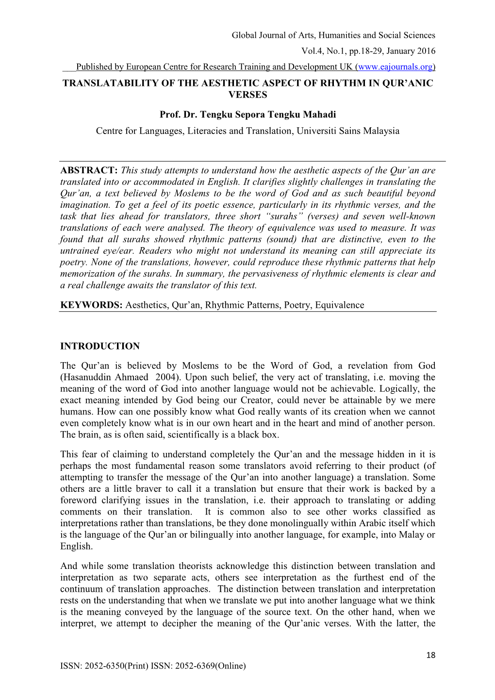 TRANSLATABILITY of the AESTHETIC ASPECT of RHYTHM in QUR’ANIC VERSES Prof