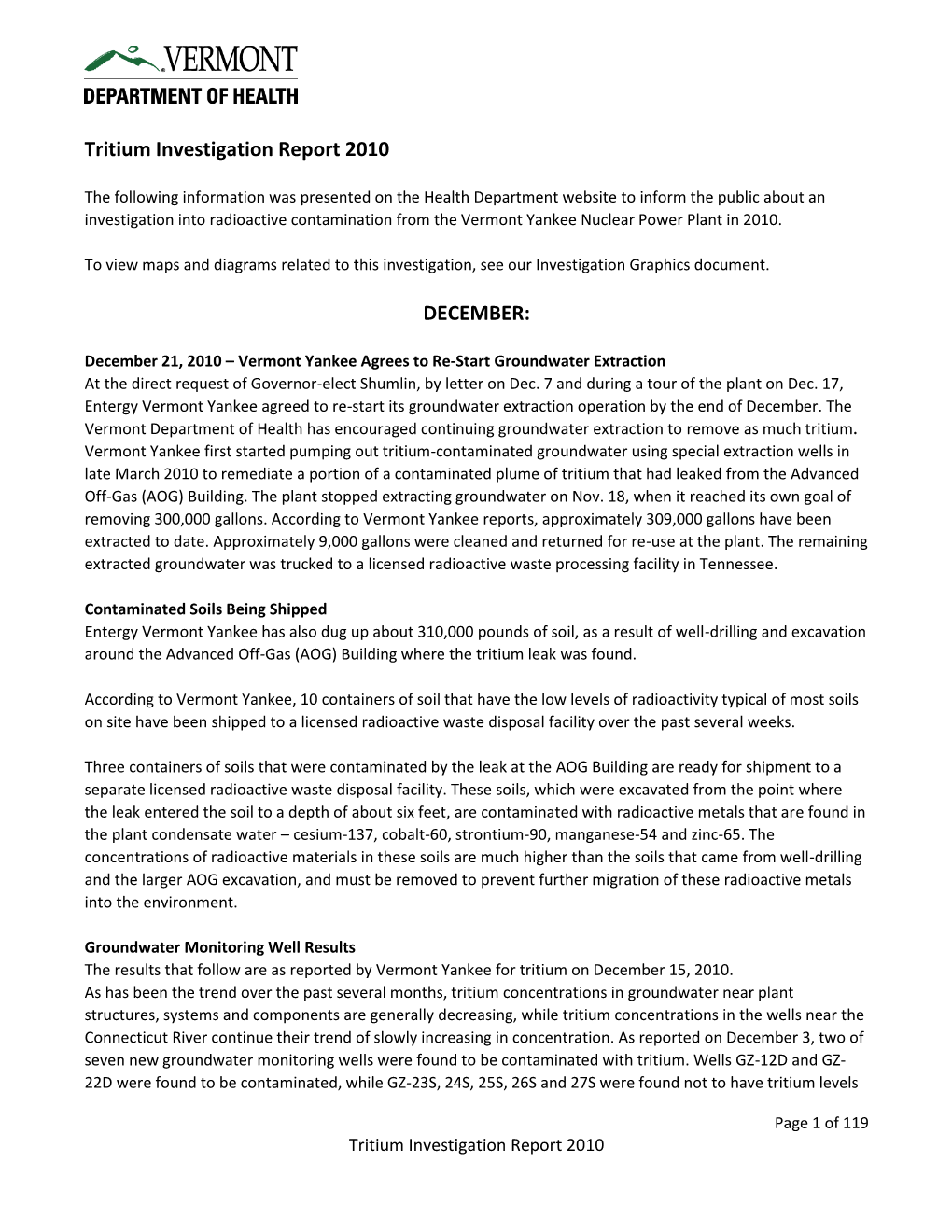 Vermont Yankee Tritium Investigation Report 2010