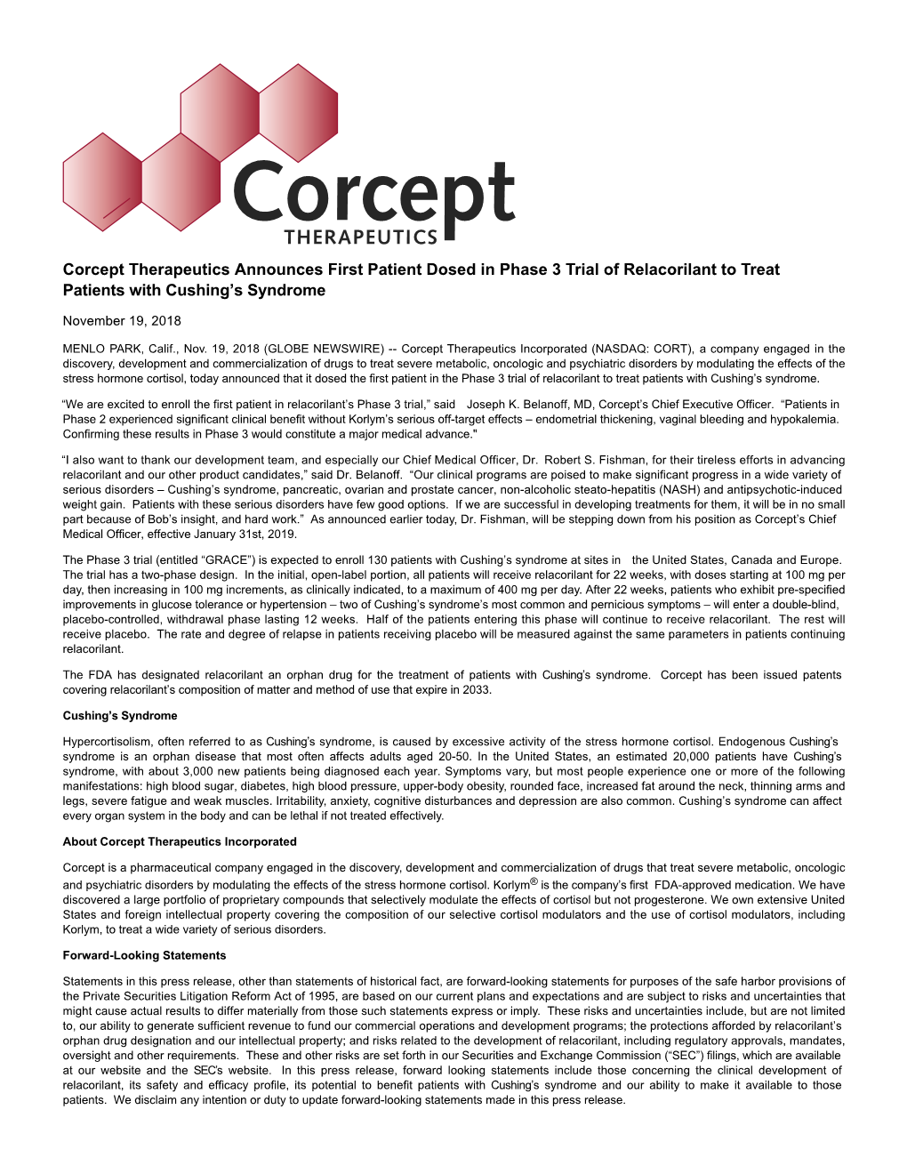 Corcept Therapeutics Announces First Patient Dosed in Phase 3 Trial of Relacorilant to Treat Patients with Cushing’S Syndrome