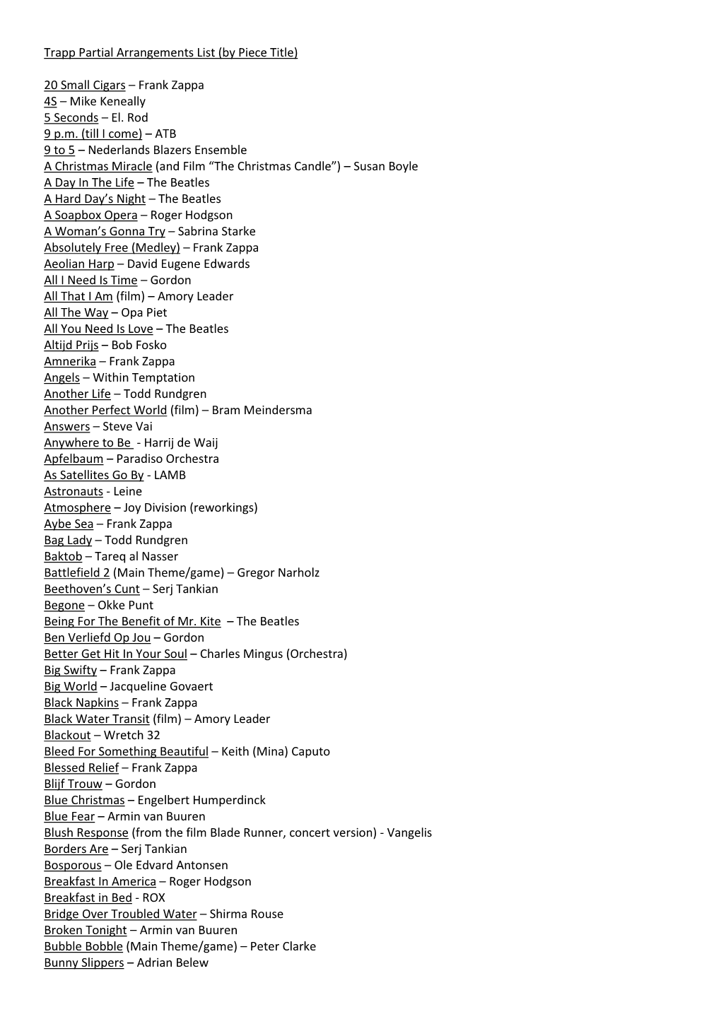 Trapp Partial Arrangements List (By Piece Title)