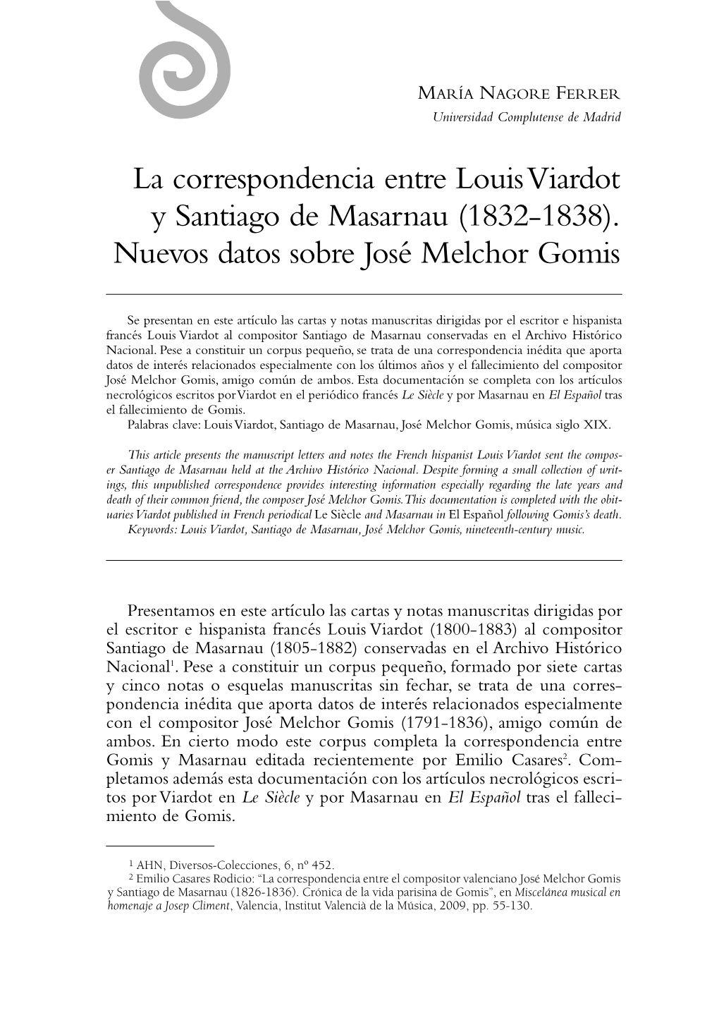 La Correspondencia Entre Louis Viardot Y Santiago De Masarnau (1832-1838)