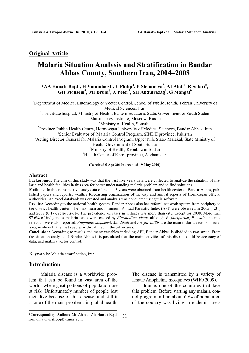 Malaria Situation Analysis and Stratification in Bandar Abbas County, Southern Iran, 2004–2008