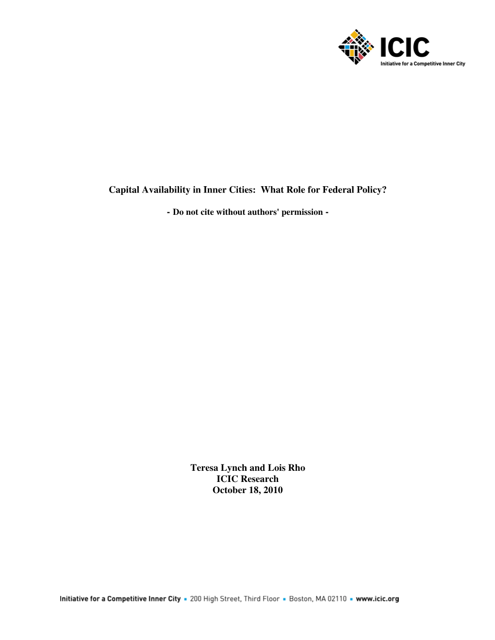 Capital Availability in Inner Cities: What Role for Federal Policy?