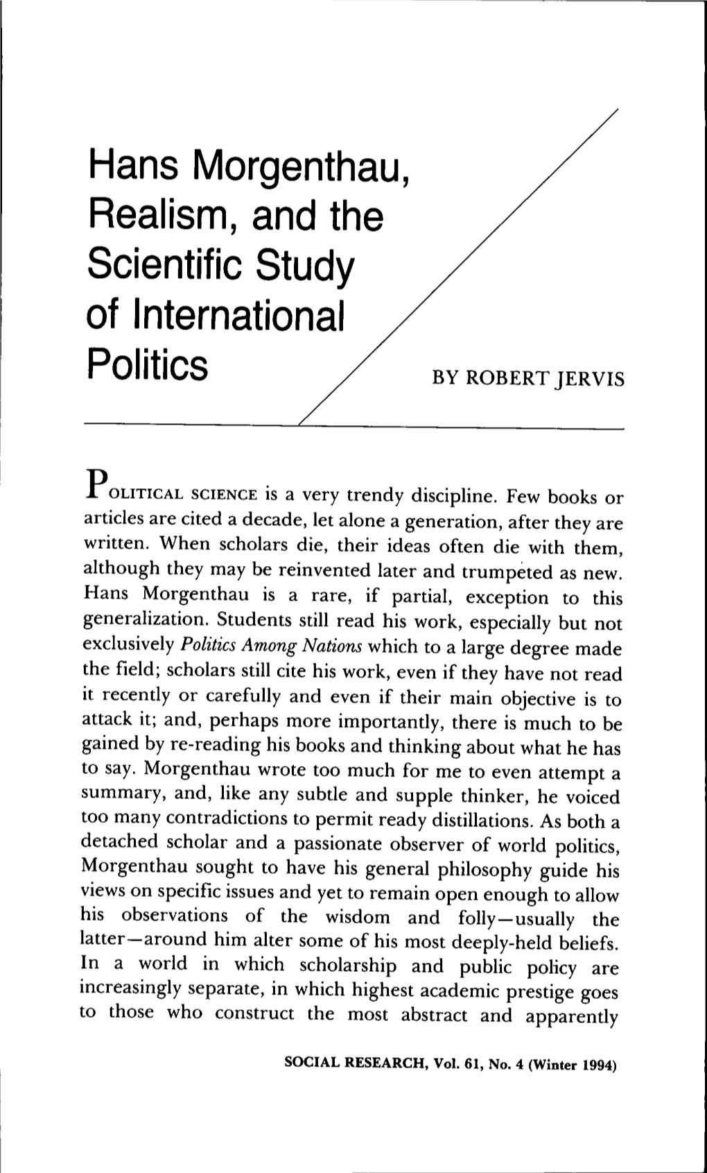 Hans Morgenthau, Realism, and the Scientific Study of International
