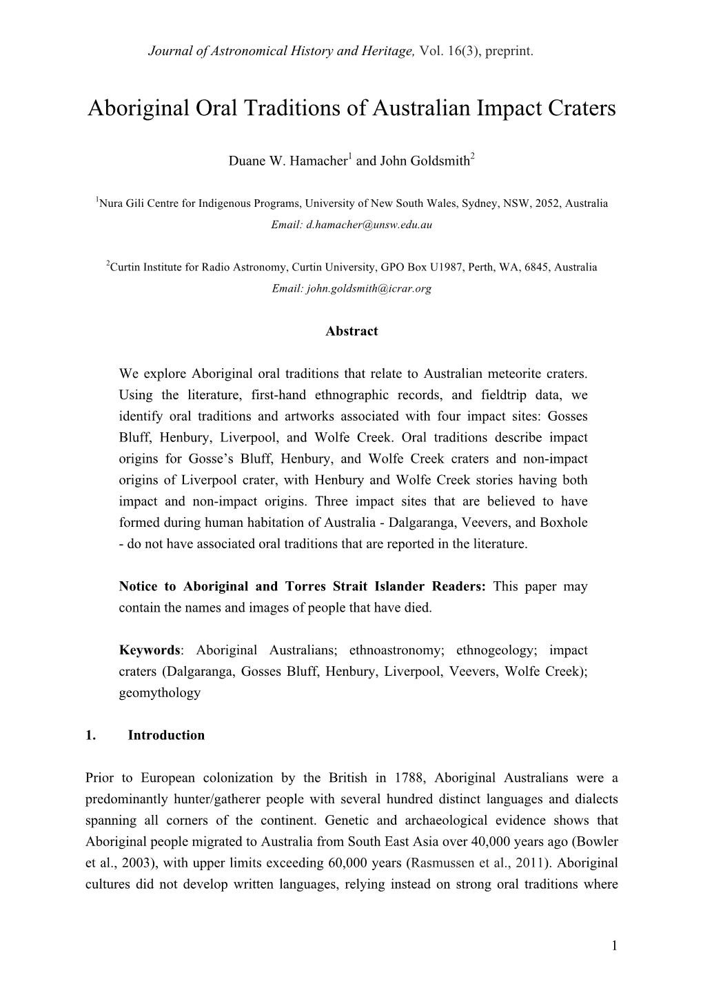 Hamacher, D, and Goldsmith, J, 2013, Aboriginal Oral Traditions Of