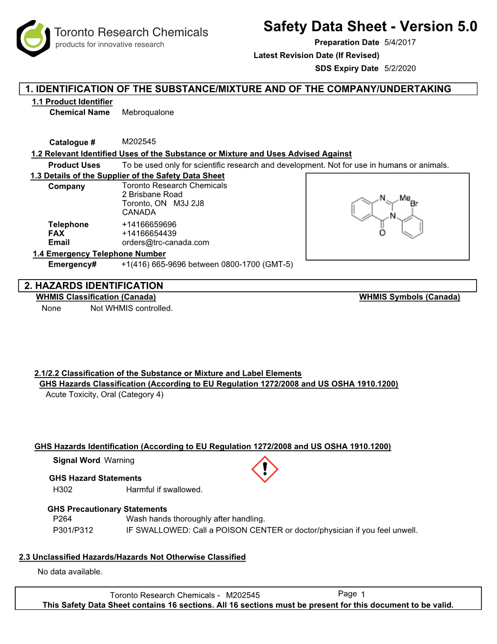 Safety Data Sheet - Version 5.0 Products for Innovative Research Preparation Date 5/4/2017 Latest Revision Date (If Revised) SDS Expiry Date 5/2/2020