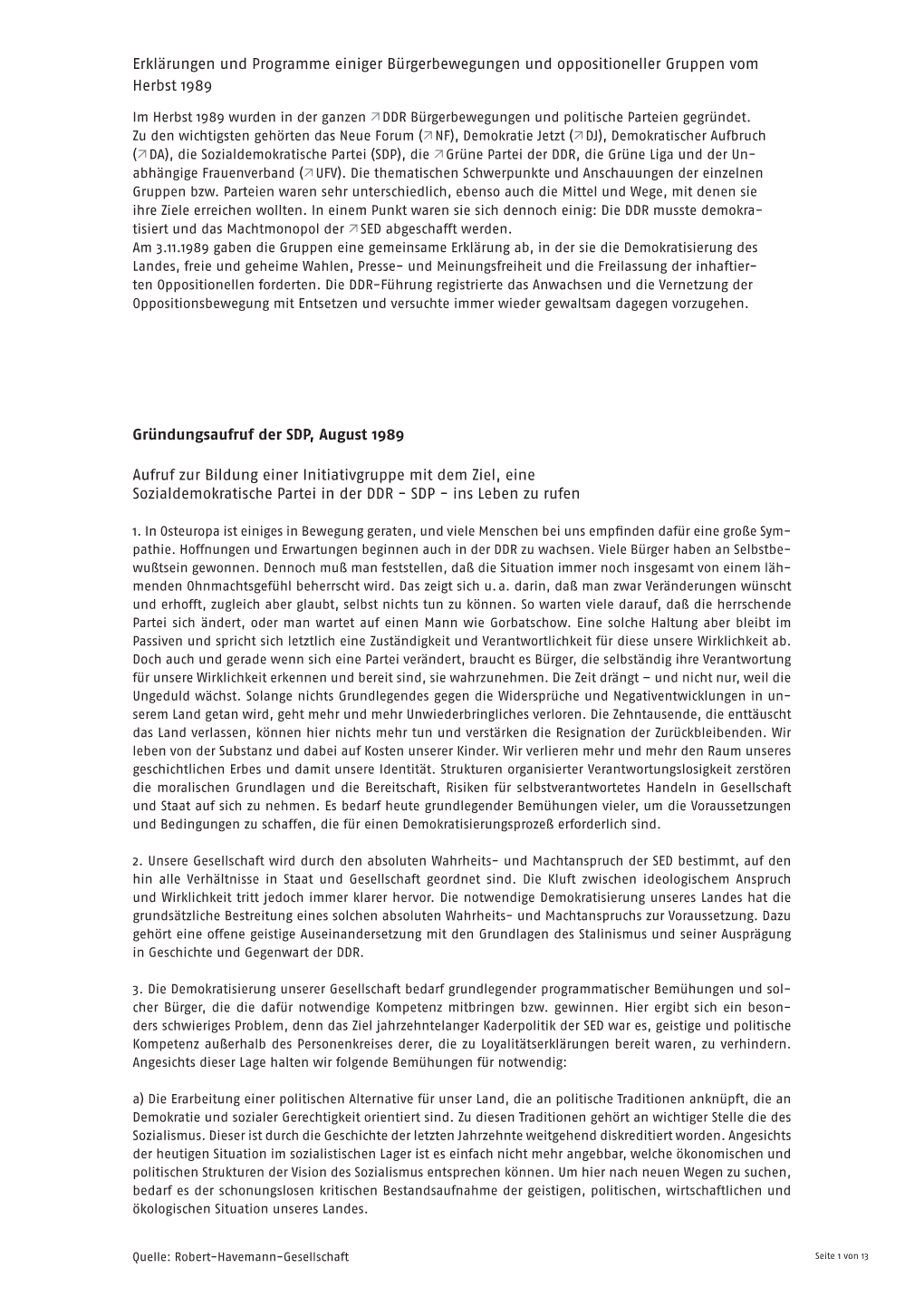 Erklärungen Und Programme Einiger Bürgerbewegungen Und Oppositioneller Gruppen Vom Herbst 1989