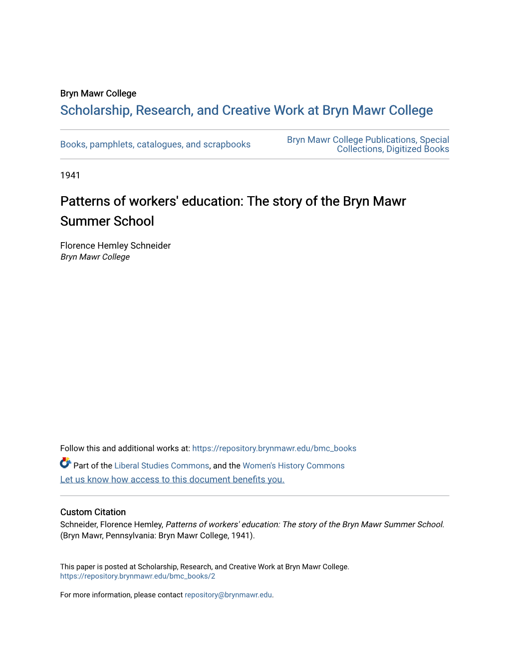 Patterns of Workers' Education: the Story of the Bryn Mawr Summer School