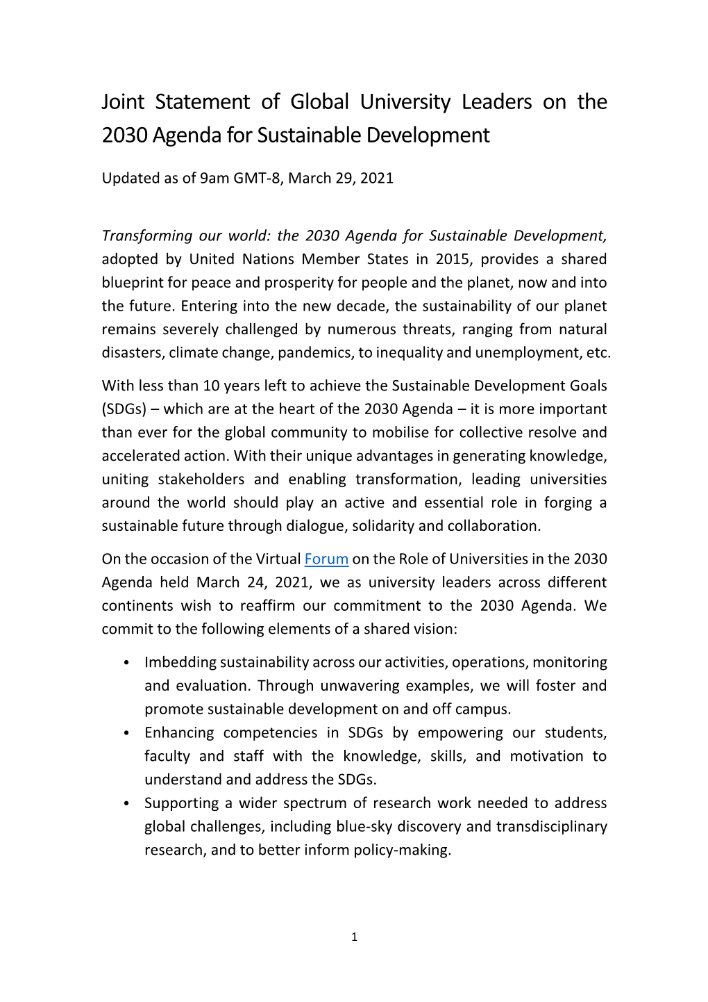 Joint Statement of Global University Leaders on the 2030 Agenda for Sustainable Development