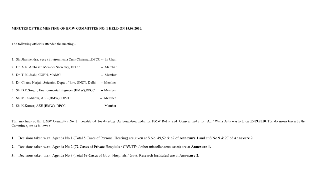 Minutes of the Meeting of Bmw Committee No. 1 Held on 15.09.2010