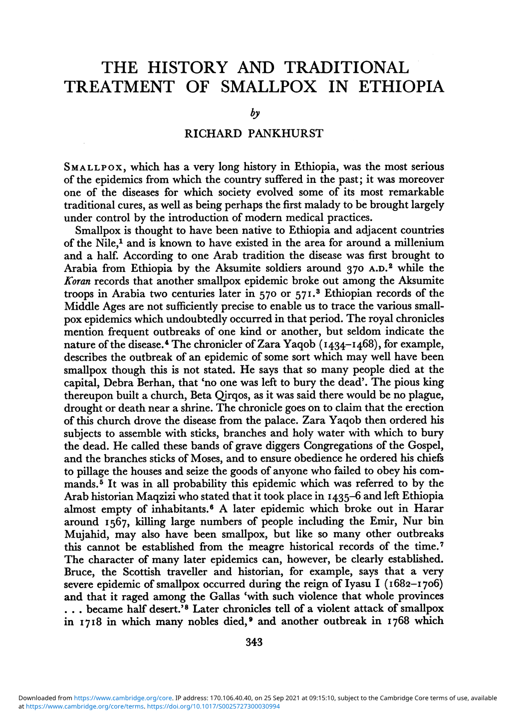 THE HISTORY and TRADITIONAL TREATMENT of SMALLPOX in ETHIOPIA by RICHARD PANKHURST