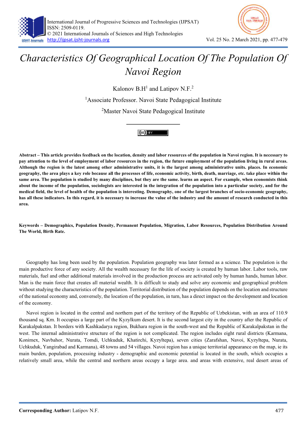 Characteristics of Geographical Location of the Population of Navoi Region