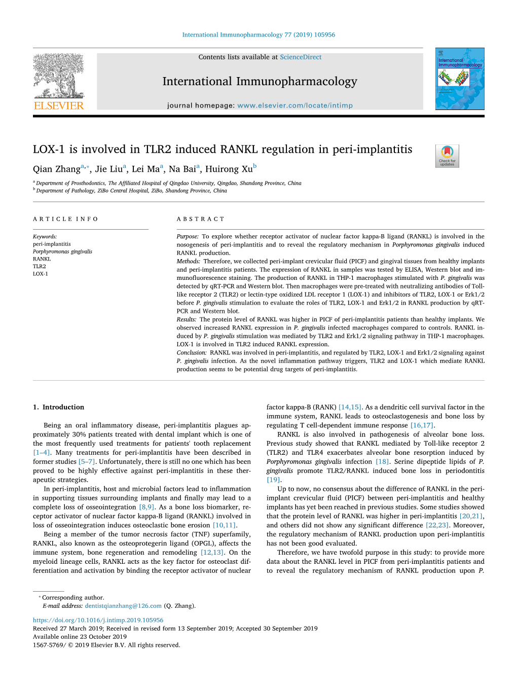 LOX-1 Is Involved in TLR2 Induced RANKL Regulation in Peri-Implantitis