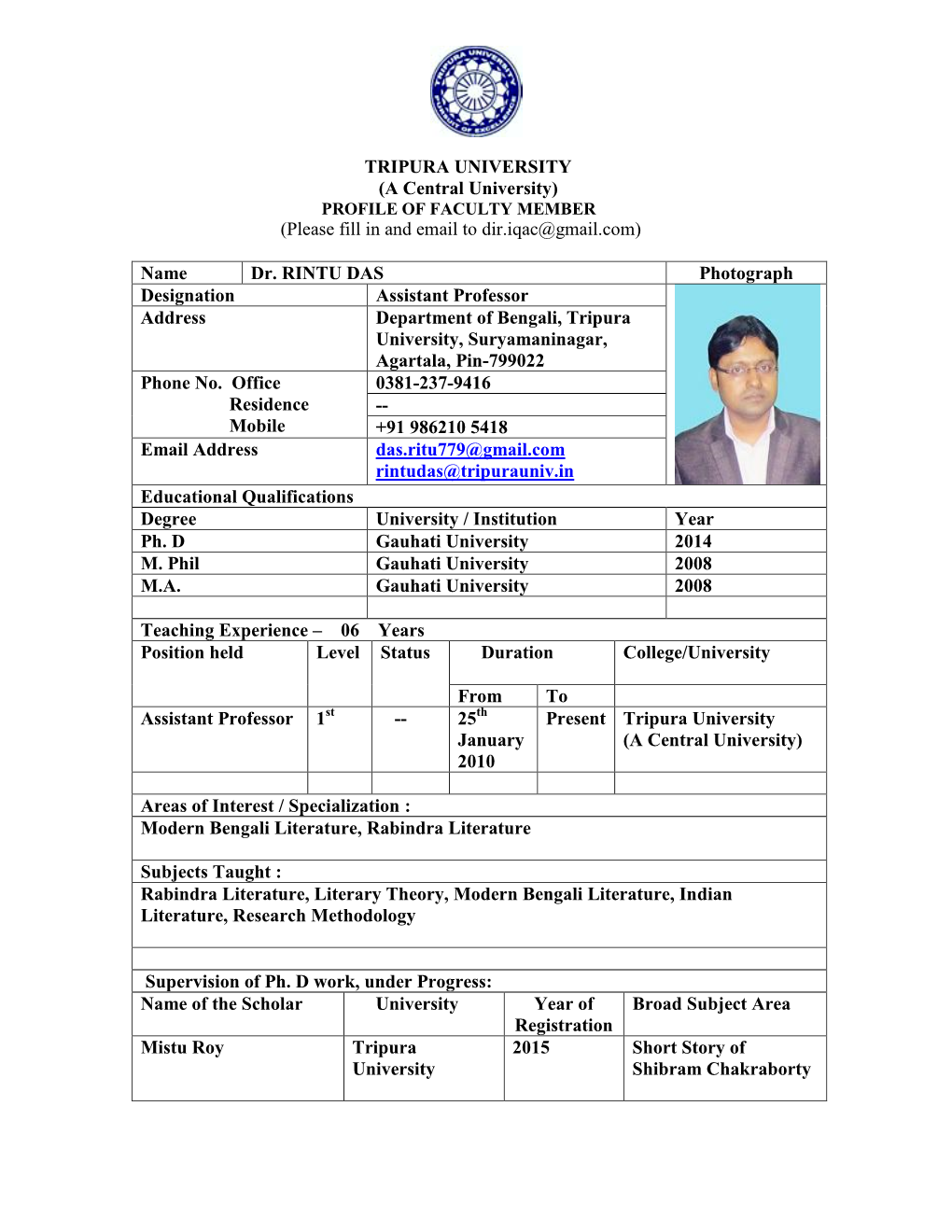 TRIPURA UNIVERSITY (A Central University) (Please Fill in and Email