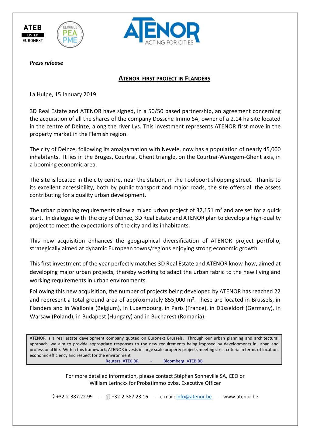 Press Release La Hulpe, 15 January 2019 3D Real Estate and ATENOR