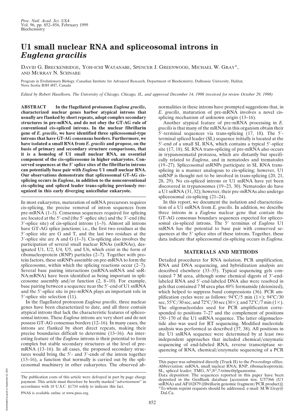 U1 Small Nuclear RNA and Spliceosomal Introns in Euglena Gracilis