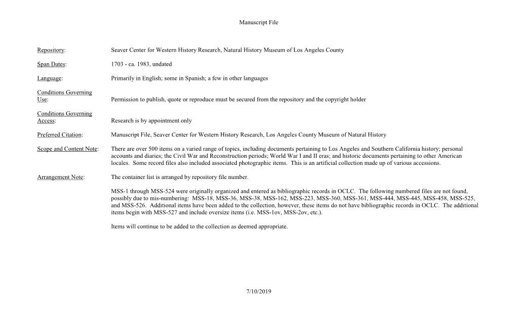 Manuscript File 7/10/2019 Repository: Seaver Center for Western History