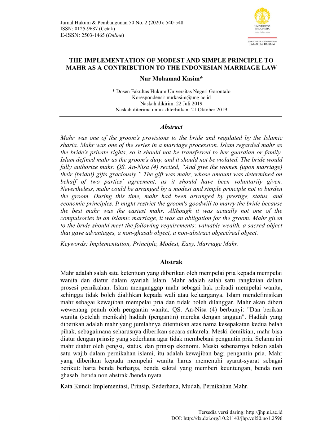 The Implementation of Modest and Simple Principle to Mahr As a Contribution to the Indonesian Marriage Law