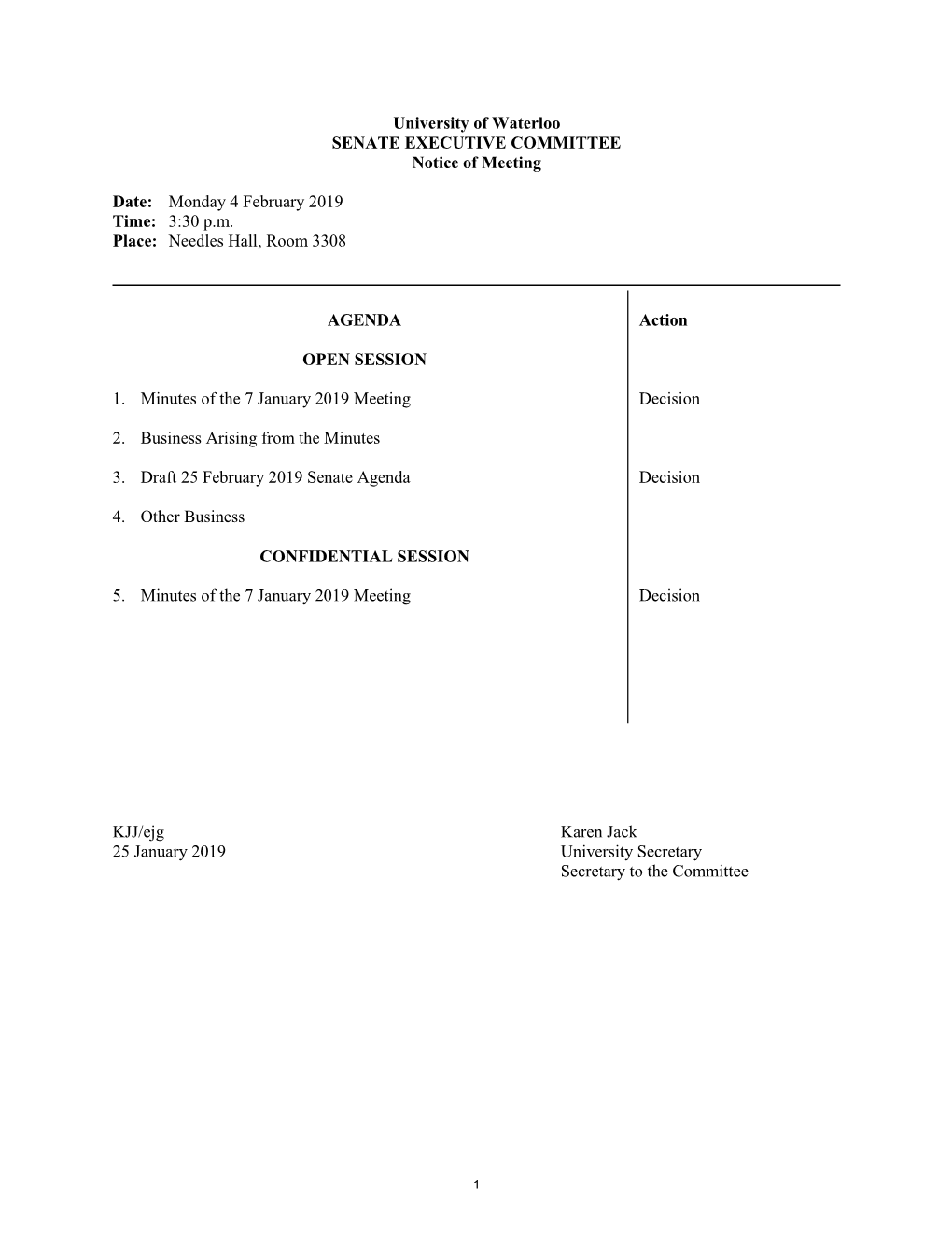 University of Waterloo SENATE EXECUTIVE COMMITTEE Notice of Meeting