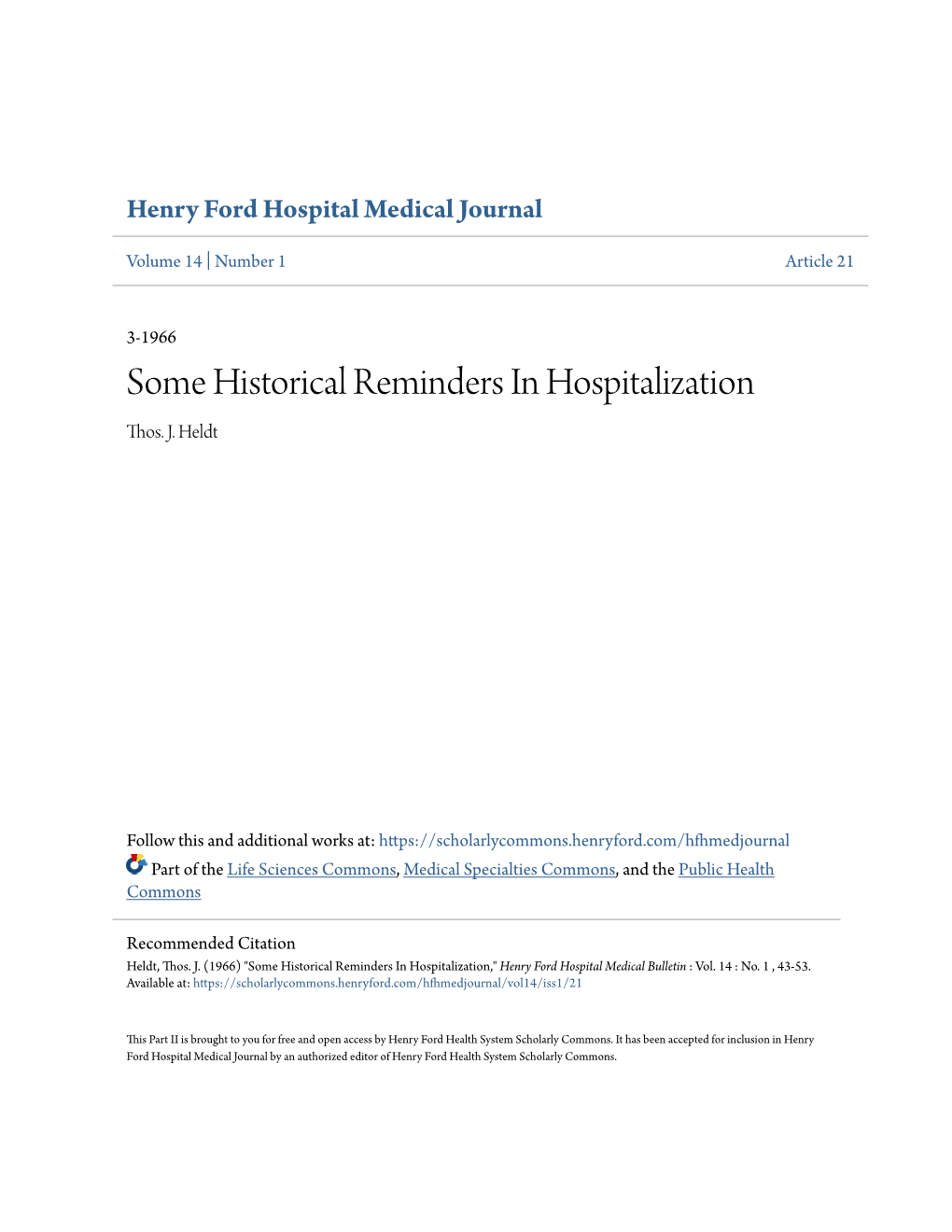Some Historical Reminders in Hospitalization Thos
