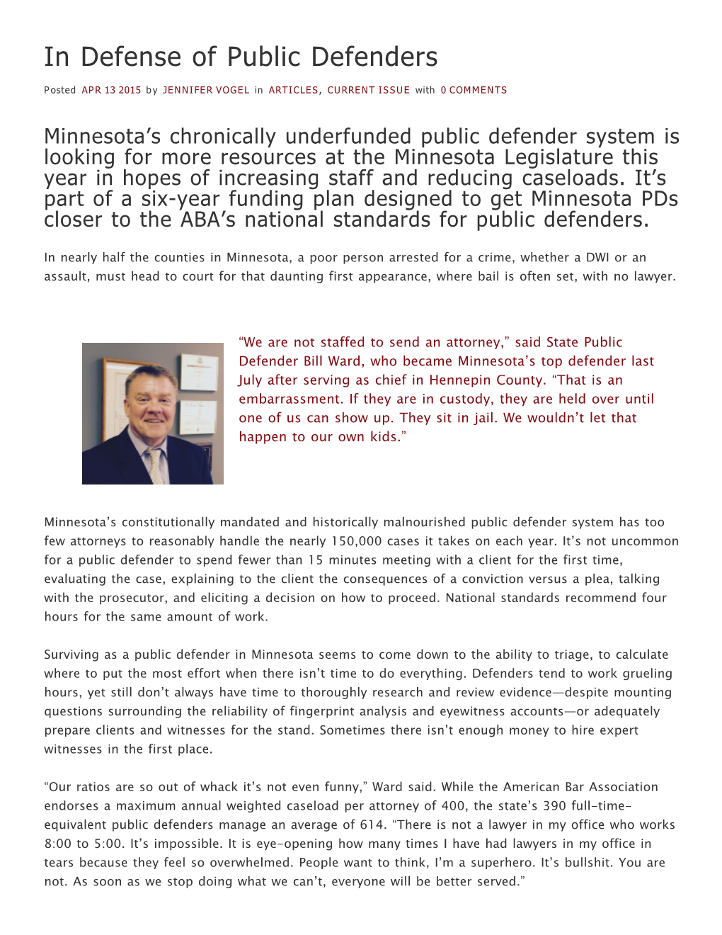 In Defense of Public Defenders | Bench and Bar of Minnesota in Defense of Public Defenders