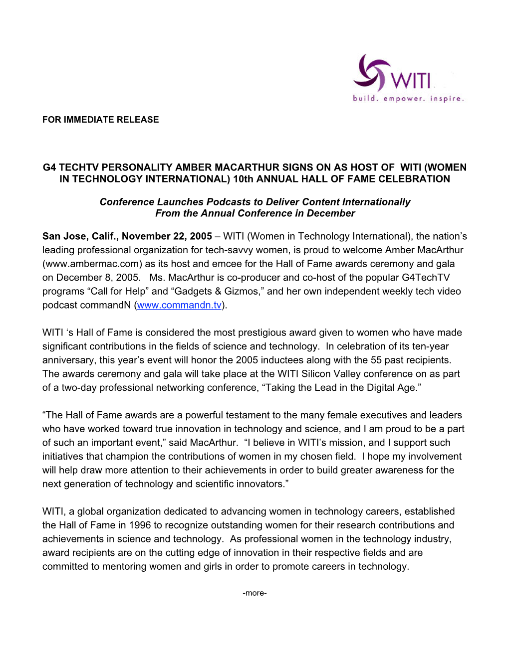 G4 TECHTV PERSONALITY AMBER MACARTHUR SIGNS on AS HOST of WITI (WOMEN in TECHNOLOGY INTERNATIONAL) 10Th ANNUAL HALL of FAME CELEBRATION